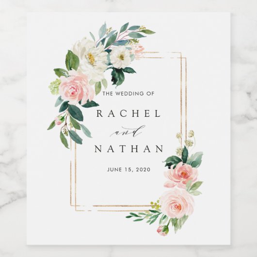 Blush Bloom Gold Rectangle Rahmen Hochzeit Weinetikett (Einzelnes Label)