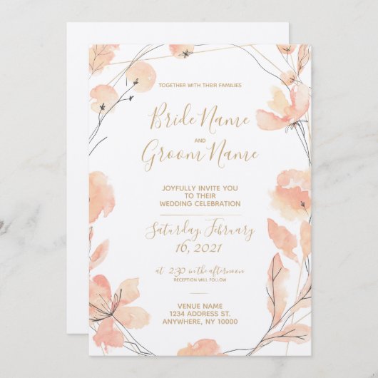 Blush & Blooms Aquarellfarben Blumen & Gold Hochze Einladung (Vorne/Hinten)