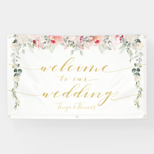 Blush Blooms Extravagante Gold-Kalligrafie Willkom Banner (Horizontal)