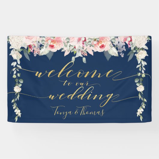Blush Blooms Extravagante Gold-Kalligrafie Willkom Banner (Horizontal)