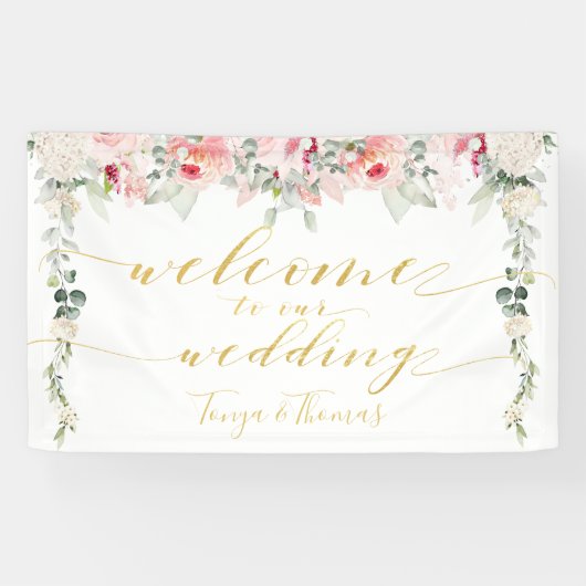 Blush Blooms Extravagante Goldkalligrafie Willkomm Banner (Horizontal)