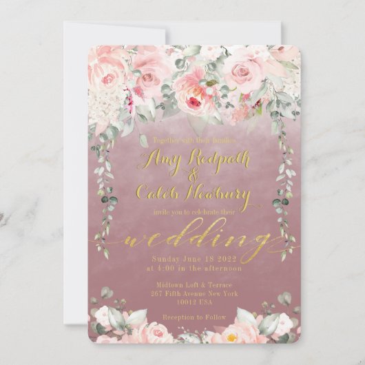 Blush Blooms Hochzeit Extravagante Gold-Kalligrafi Einladung (Vorderseite)