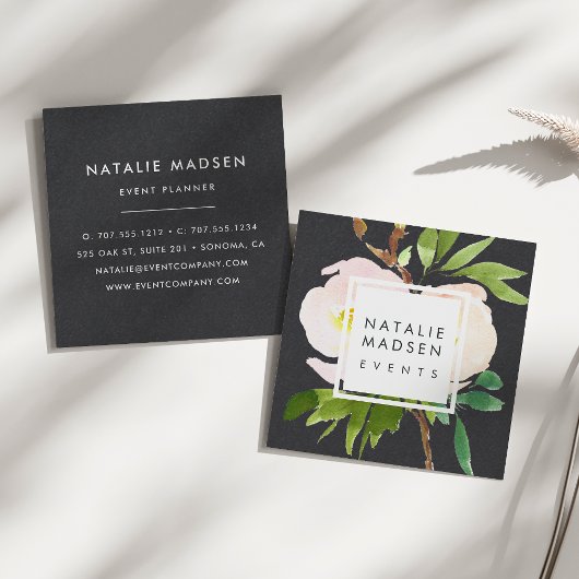 Blush Blooms | Schwarz Quadratische Visitenkarte