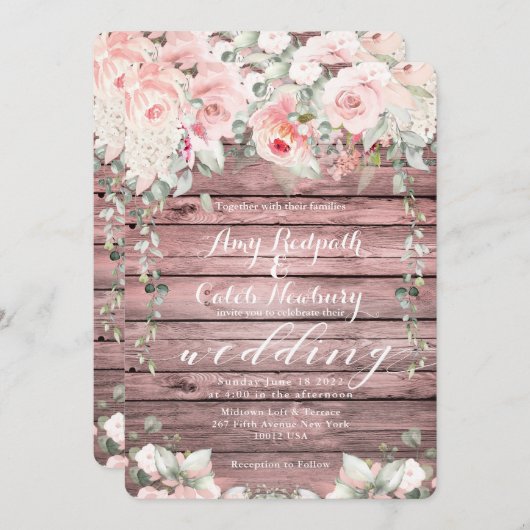 Blush & Blooms Wedding Rose Wood Rustic Barboard Einladung (Vorne/Hinten)