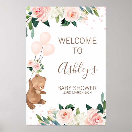 Blush Bloral Bear Balloon Baby Dusche Begrüßungsze Poster (Vorne)