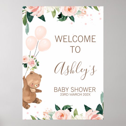 Blush Bloral Bear Balloon Baby Dusche Begrüßungsze Poster (Vorne)