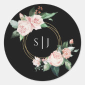 Blush Bloral Black Monogram Wedcker Runder Aufkleber (Vorderseite)