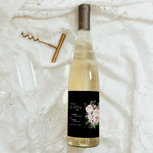 Blush Bloral Black Wedding Wine Label Weinetikett