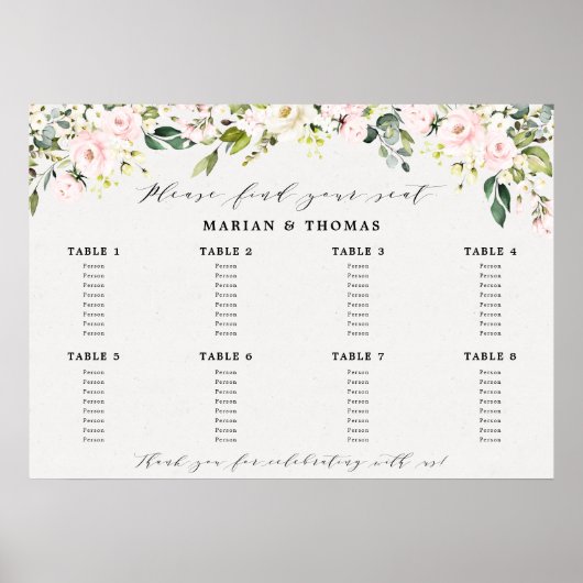 Blush Bloral Eukalyptus Seating Chart Hochzeitszei Poster (Vorne)