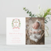 Blush Bloral Foto Taufe Einladung (Stehend Vorderseite)