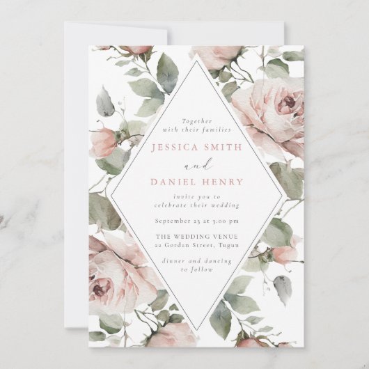 Blush Bloral Frame & Sage Wedding Einladung (Vorderseite)