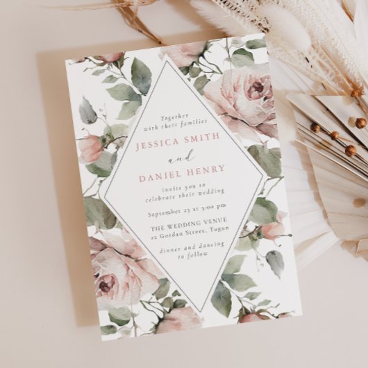 Blush Bloral Frame & Sage Wedding Einladung