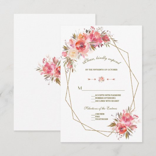 Blush Bloral Gold Glitzer Frame Wedding RSVP Karte (Vorne/Hinten)