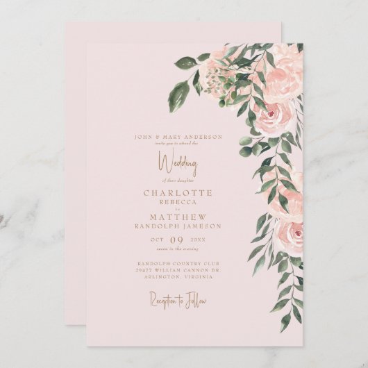 Blush Bloral Gold Text Blush Hochzeit Einladung (Vorne/Hinten)