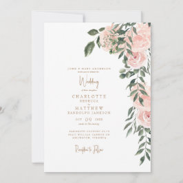 Blush Bloral Gold Text White Wedding Einladung