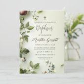 Blush Bloral Green Girl Taufe Einladung (Stehend Vorderseite)