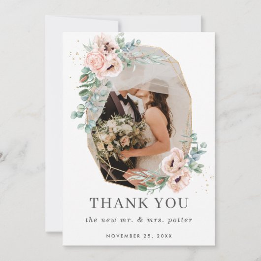 Blush Bloral Greenery Goldenes geometrisches Foto  Dankeskarte (Vorderseite)