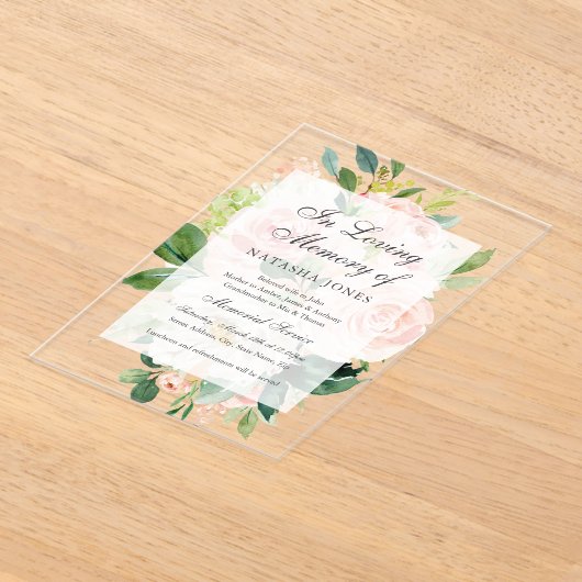 Blush Bloral Leaf Clear Akryllischer Gedenkservice Acryleinladungen (Ablage )