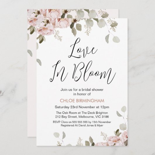Blush Bloral Liebe im Brautparty Blüten Einladung (Vorne/Hinten)