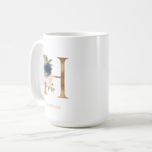 Blush Bloral Monogram Letter "H" Personalisiert Kaffeetasse (Vorderseite Links)