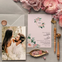 Blush Bloral Pink Monogram Foto Hochzeit