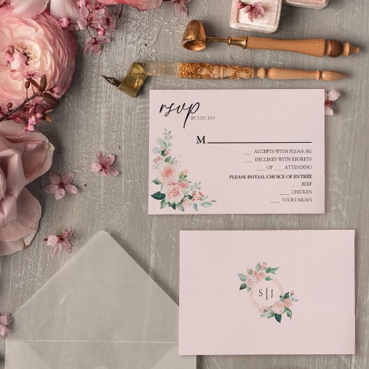 Blush Bloral Pink Wedding Menu RSVP Card