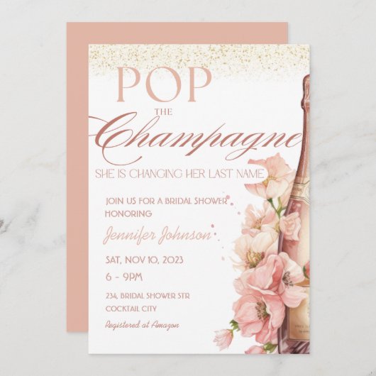 Blush Bloral Pop Champagner Brautparty Einladung (Vorne/Hinten)