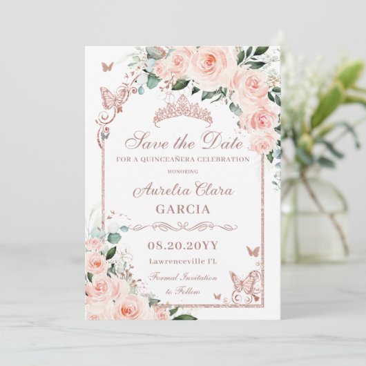 Blush Bloral Sweet 16 Rose Gold Quinceañera Foto Save The Date (Stehend Vorderseite)