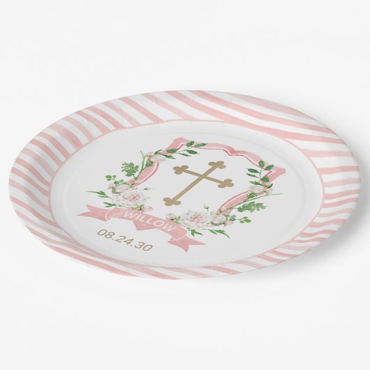 Blush Bloral Taufen Pappteller (Schrägansicht)