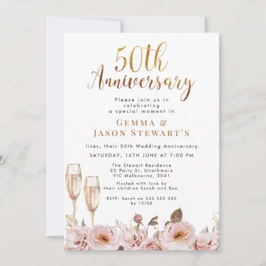 Blush Bloral und Gold 50 Jahre Einladung (Vorderseite)