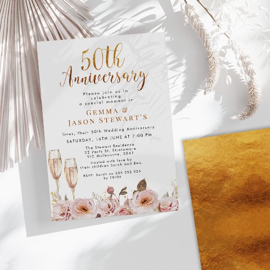 Blush Bloral und Gold 50 Jahre Einladung