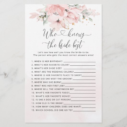 Blush Bloral Wer kennt das beste Spiel der Braut (Vorderseite)