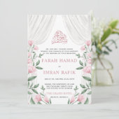 Blush Bloral White Vorhang islamische Hochzeit Einladung (Stehend Vorderseite)