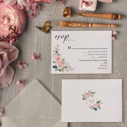 Blush Bloral White Wedding Menu RSVP Karte