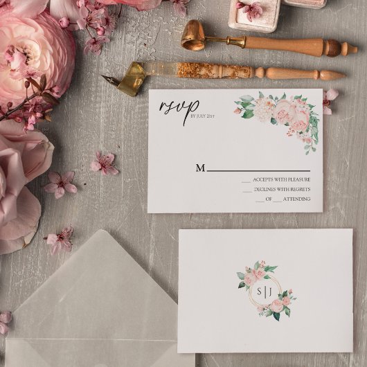Blush Bloral White Wedding Simple RSVP Card