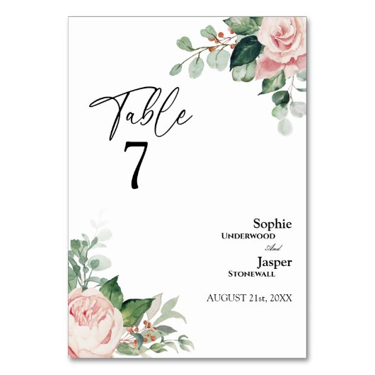 Blush Bloral White Wedding Tischnummer Card (Vorderseite)