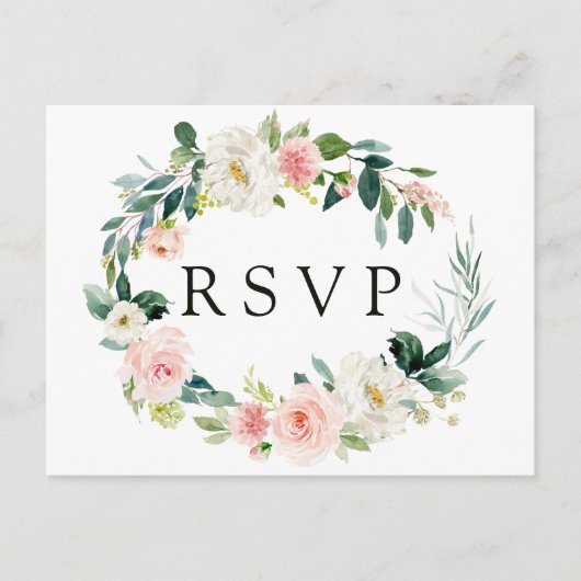 Blush Bloral Wreath Wedding RSVP Postcard Einladungspostkarte (Vorderseite)