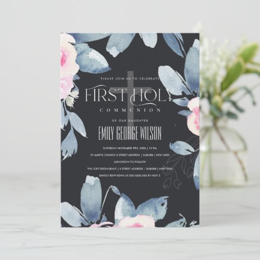 BLUSH BLUE BLUE BLLORAL BUNCH ERSTE HOLZGEMEINSCHA EINLADUNG (Stehend Vorderseite)