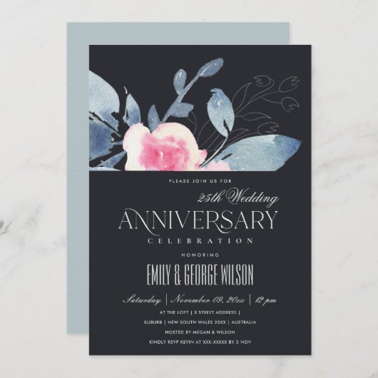 BLUSH BLUE BLUE FLORAL 25. JAHRESJAHRESJAHR EINLADUNG (Vorne/Hinten)