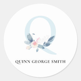 BLUSH BLUE BLUE FLORAL ALPHABETS NAME LETTER Q RUNDER AUFKLEBER