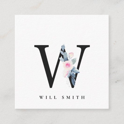 BLUSH BLUE BLUE FLORAL ALPHABETS NAME LETTER W QUADRATISCHE VISITENKARTE (Vorderseite)