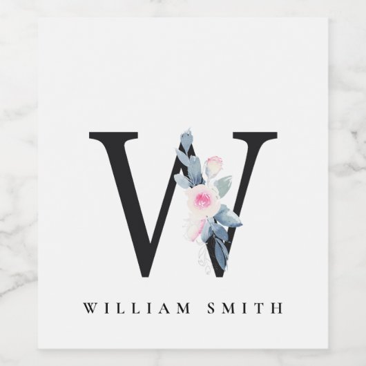 BLUSH BLUE BLUE FLORAL ALPHABETS NAME LETTER W WEINETIKETT (Einzelnes Label)