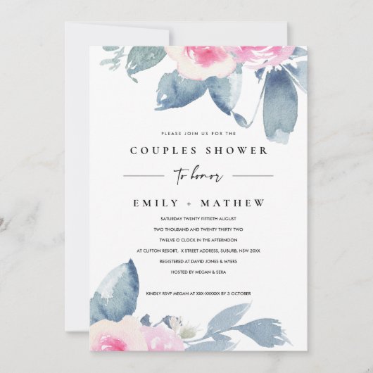 BLUSH BLUE BLUE FLORAL WATERCOLOR COUPLES DUSCHE EINLADUNG (Vorderseite)