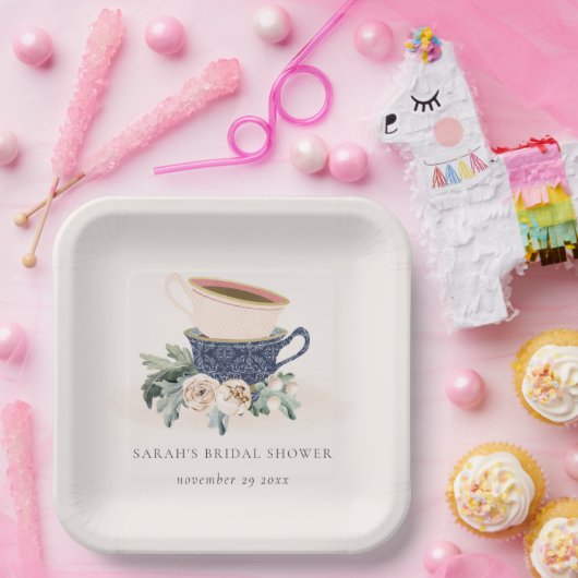 Blush Blue Cups Blumenkohl Brautparty Tee Party Pappteller (Party)