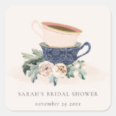 Blush Blue Cups Blumenkohl Brautparty Tee Party Quadratischer Aufkleber (Vorderseite)