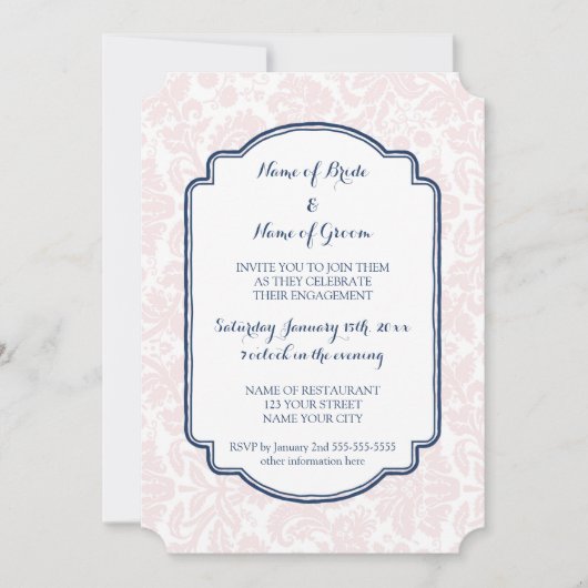 Blush Blue Damask Engagement Party Einladungen (Vorderseite)
