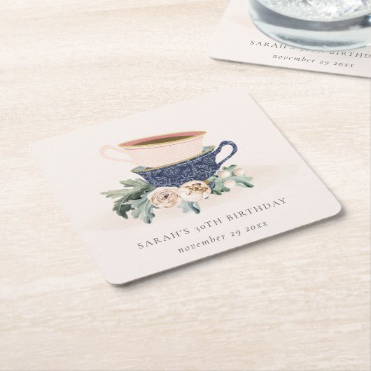 Blush Blue Flora Gestapelte Teebecher jedes Alter  Rechteckiger Pappuntersetzer (angewinkelt)