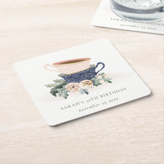 Blush Blue Flora Gestapelte Teebecher jedes Alter Rechteckiger Pappuntersetzer (angewinkelt)