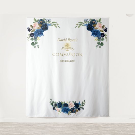 Blush Blue Flora Holy Communy Foto Stand Prop Wandteppich (Vorderseite)