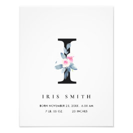 BLUSH BLUE FLORAL ALPHABET NAME I BABY GEBURTSTATT FOTODRUCK